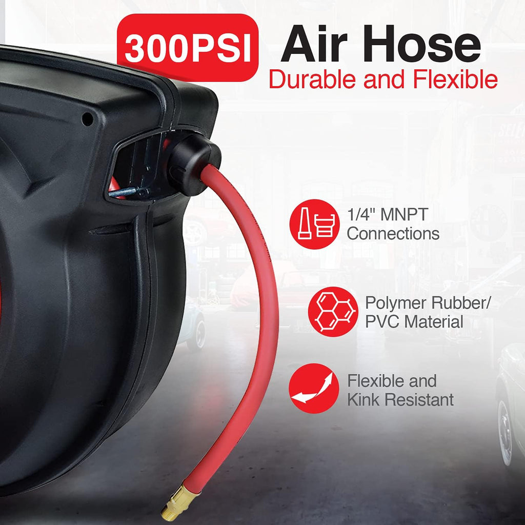 Retractable 3/8 Inch x 50' Foot Hybrid Polymer Red Air Hose Reel R6913