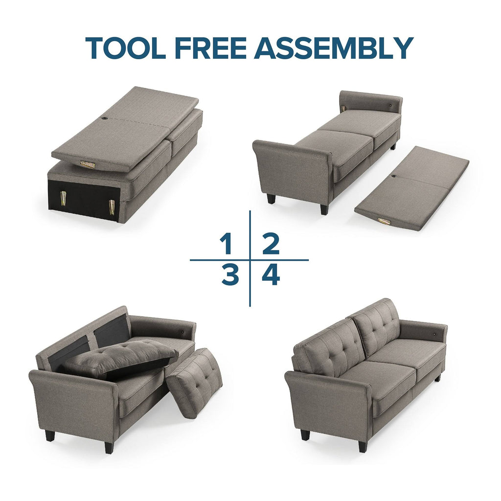 Grey Polyester 3-Seat Sofa with USB Ports J3883