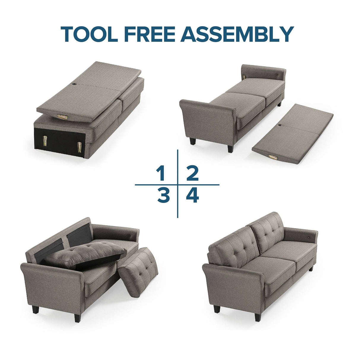 Grey Polyester 3-Seat Sofa with USB Ports J3883