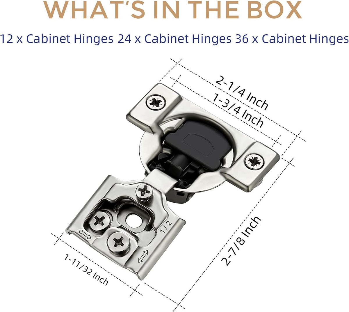 12 Pack 6 Pairs 1/2 inch Overlay Soft Close Hinges Satin Nickel Stainless Steel Concealed Hinge S5734