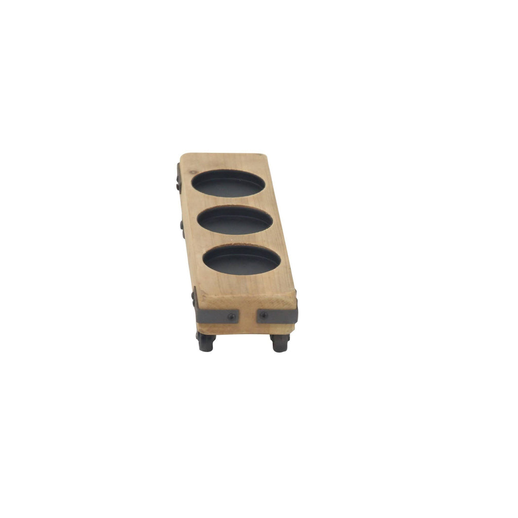 Rustic Fir Wood and Iron Candle Holders on Casters - Set of 3 B1496