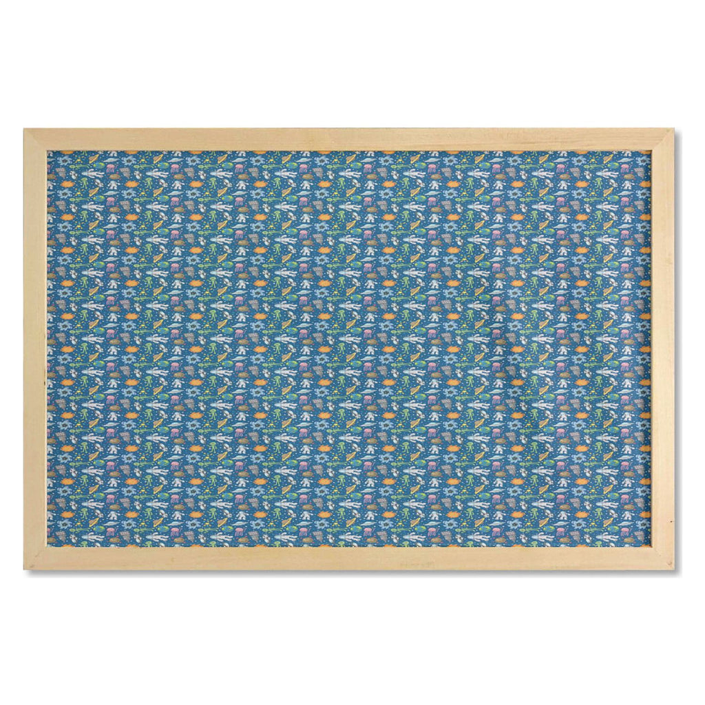 Ufo Aliens and Human Astronaut Making Friends Caricature Galaxy Pattern Printed Fabric Poster with Frame, 35" x 23", Multicolor Q16257