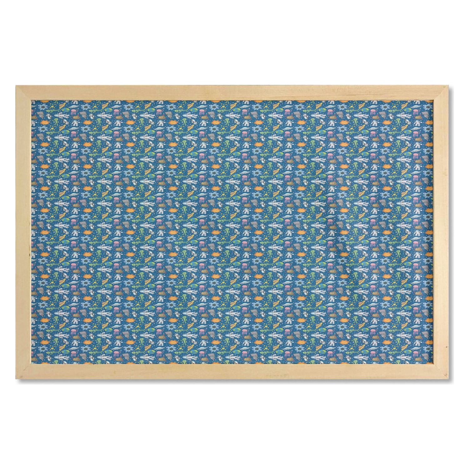 Ufo Aliens and Human Astronaut Making Friends Caricature Galaxy Pattern Printed Fabric Poster with Frame, 35" x 23", Multicolor Q16257