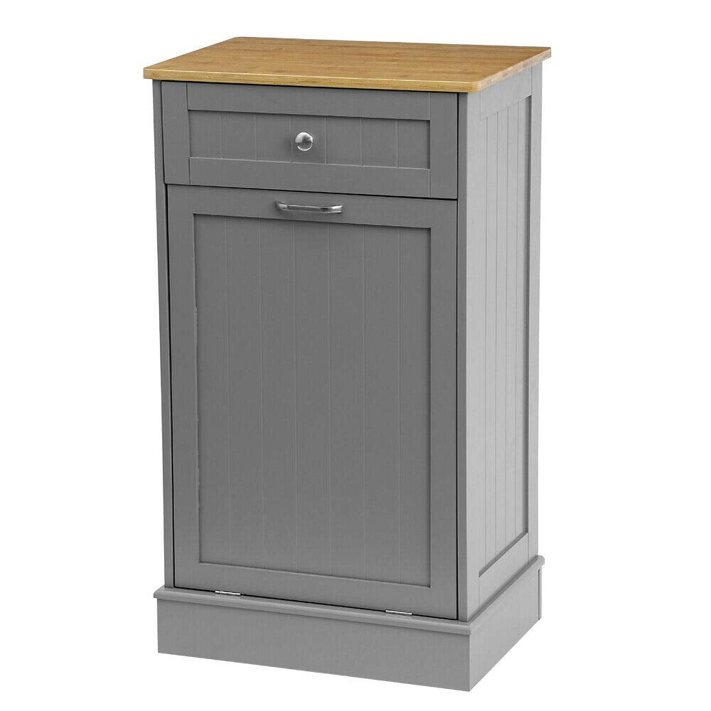 White Solid Wood Tilt-Out Trash Cabinet with Bamboo Cutting Board L8807