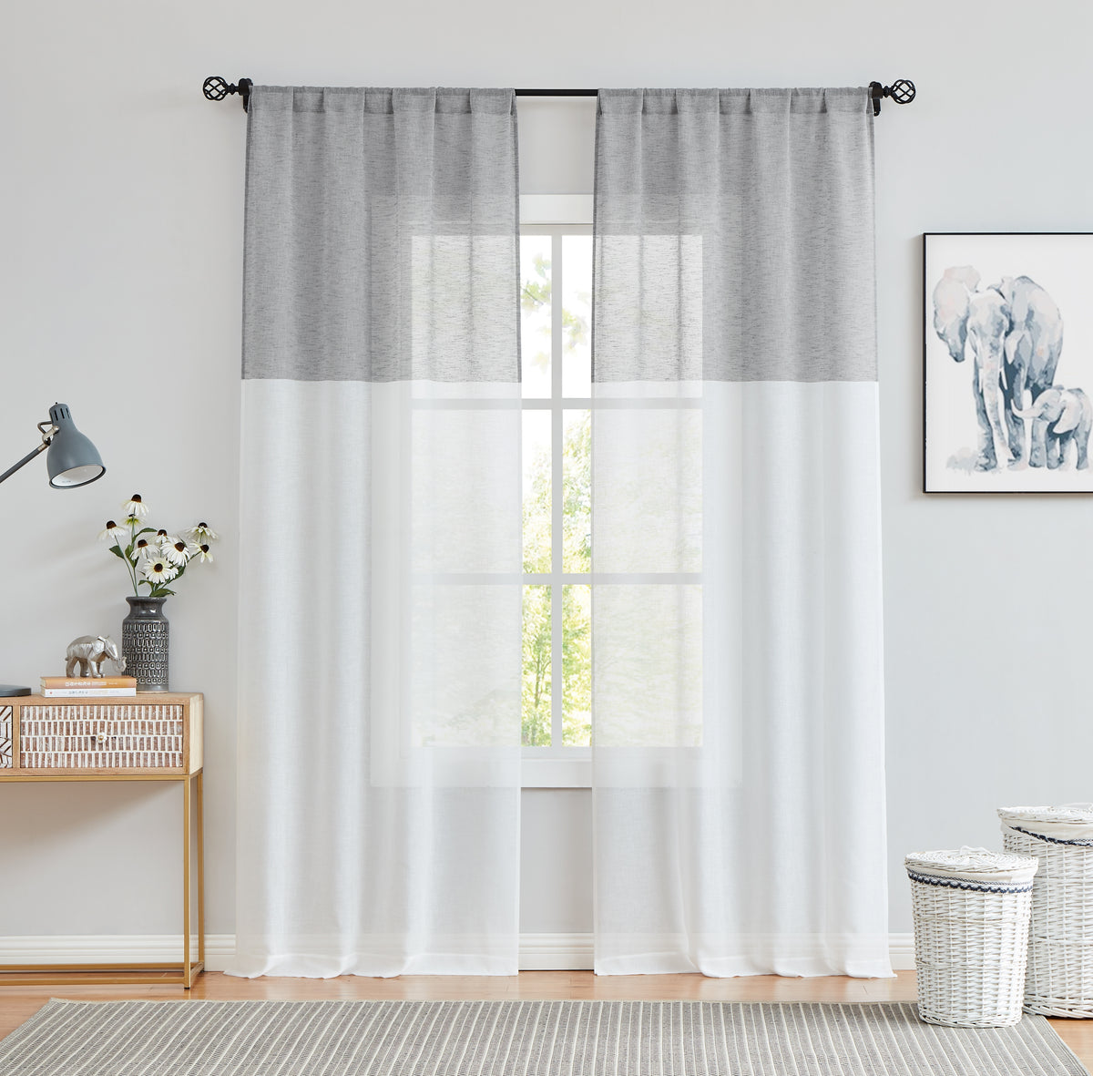 Gray White Sheer Linen Curtain Panels with Rod Pocket, 50"x84"x2 J897
