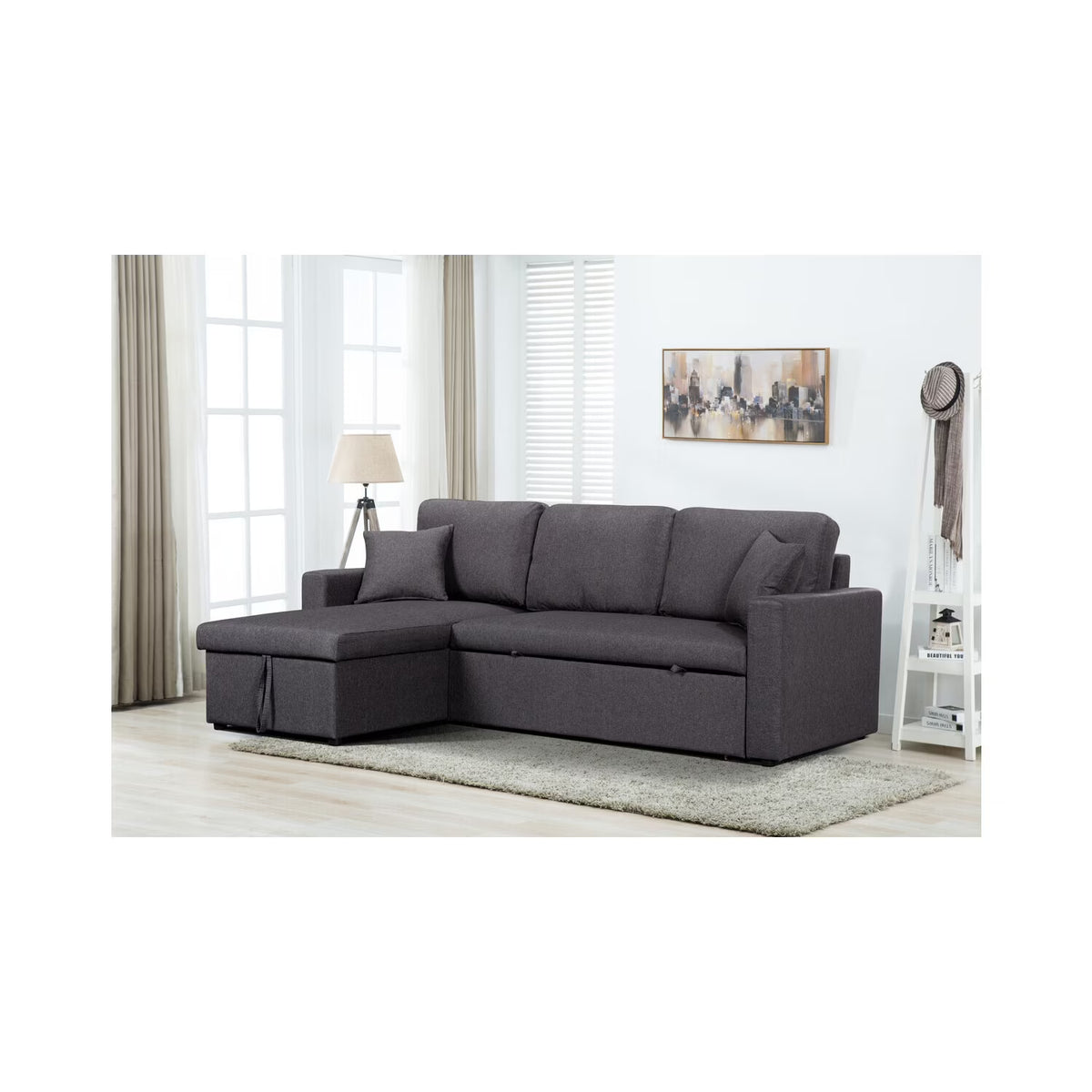 Antique Appeal Linen Fabric Reversible Sleeper Sectional Sofa With Storage Chaise N924