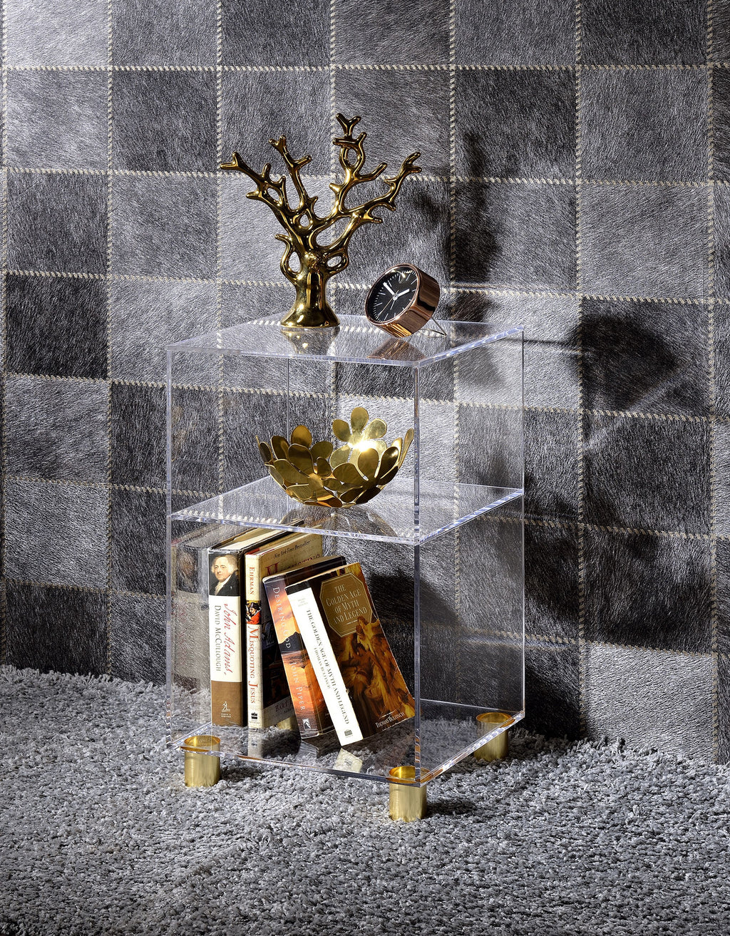 Clear Lucite and Acrylic End Table with 4 Gold Legs W469
