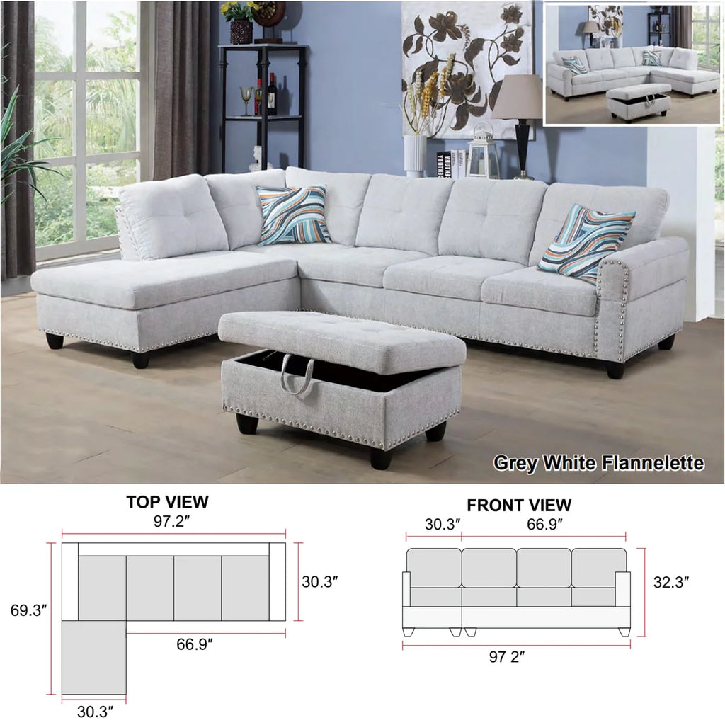Linen Fabric Sectional Sofa with Storage Ottoman & Toss Pillows L302621
