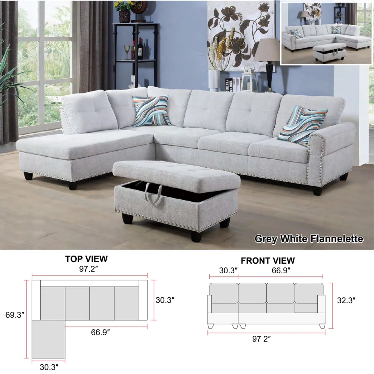 Linen Fabric Sectional Sofa with Storage Ottoman & Toss Pillows L302621