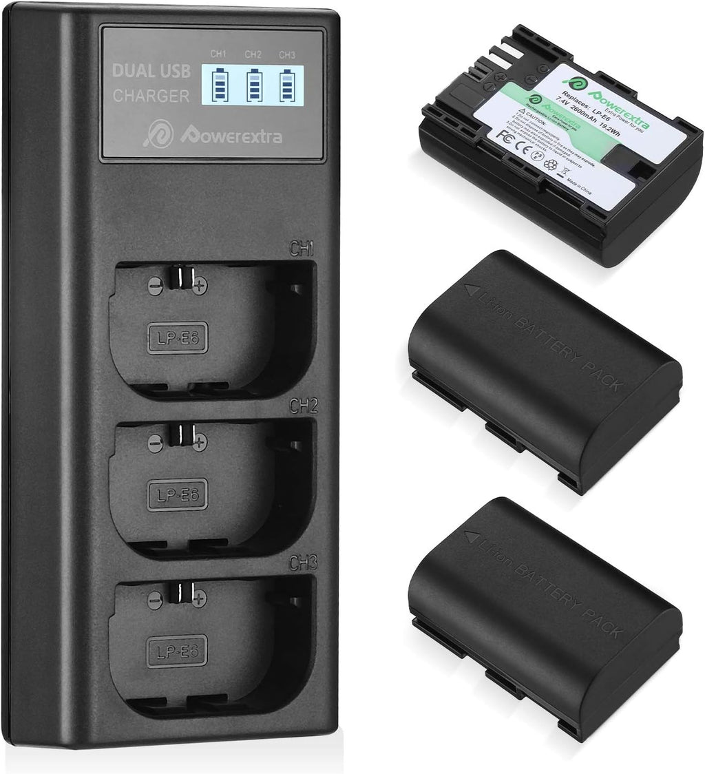 LP-E6 LP E6N Rechargeable Battery 3 Pack Batteries and 3 Channel Charger LCD Display Pack of 2 O20652