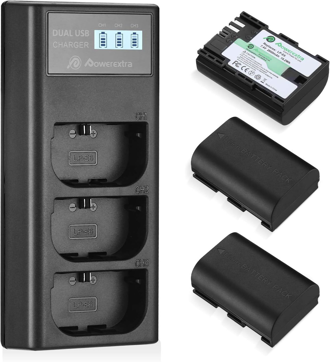 LP-E6 LP E6N Rechargeable Battery 3 Pack Batteries and 3 Channel Charger LCD Display Pack of 2 O20652