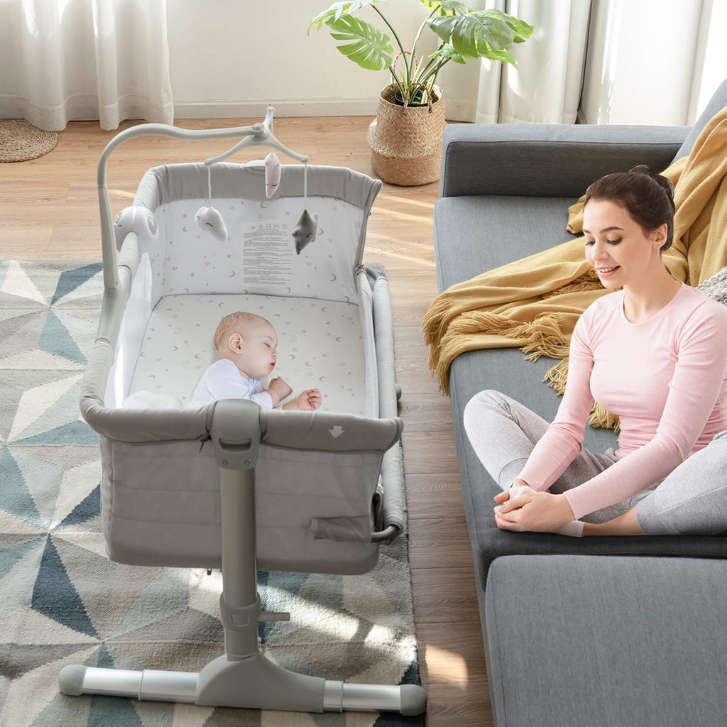 Light Grey Baby Bedside Bassinet with Mattress and Carrying Bag T3534