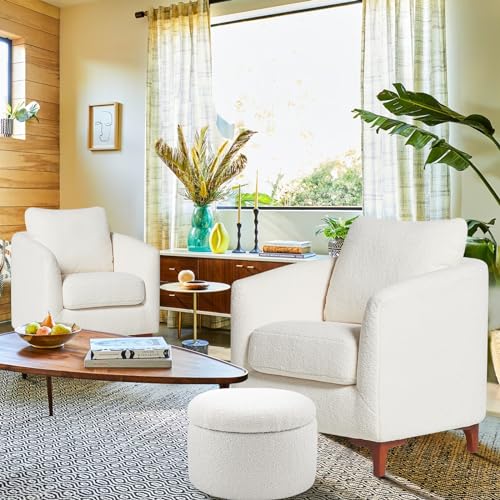 Cream Sherpa Accent Chair with Storage Ottoman Set W38618
