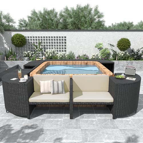 Cream Beige Outdoor Rattan Sectional Sofa Set with Storage Spaces W524