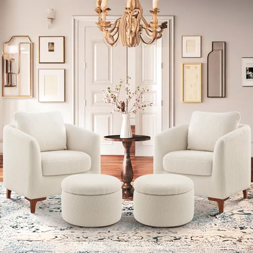 Cream Sherpa Accent Chair with Storage Ottoman Set W38618