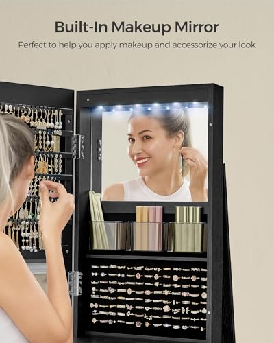 White 6 LEDs Lockable Mirror Jewelry Cabinet with 3 Storage Shelves D92672