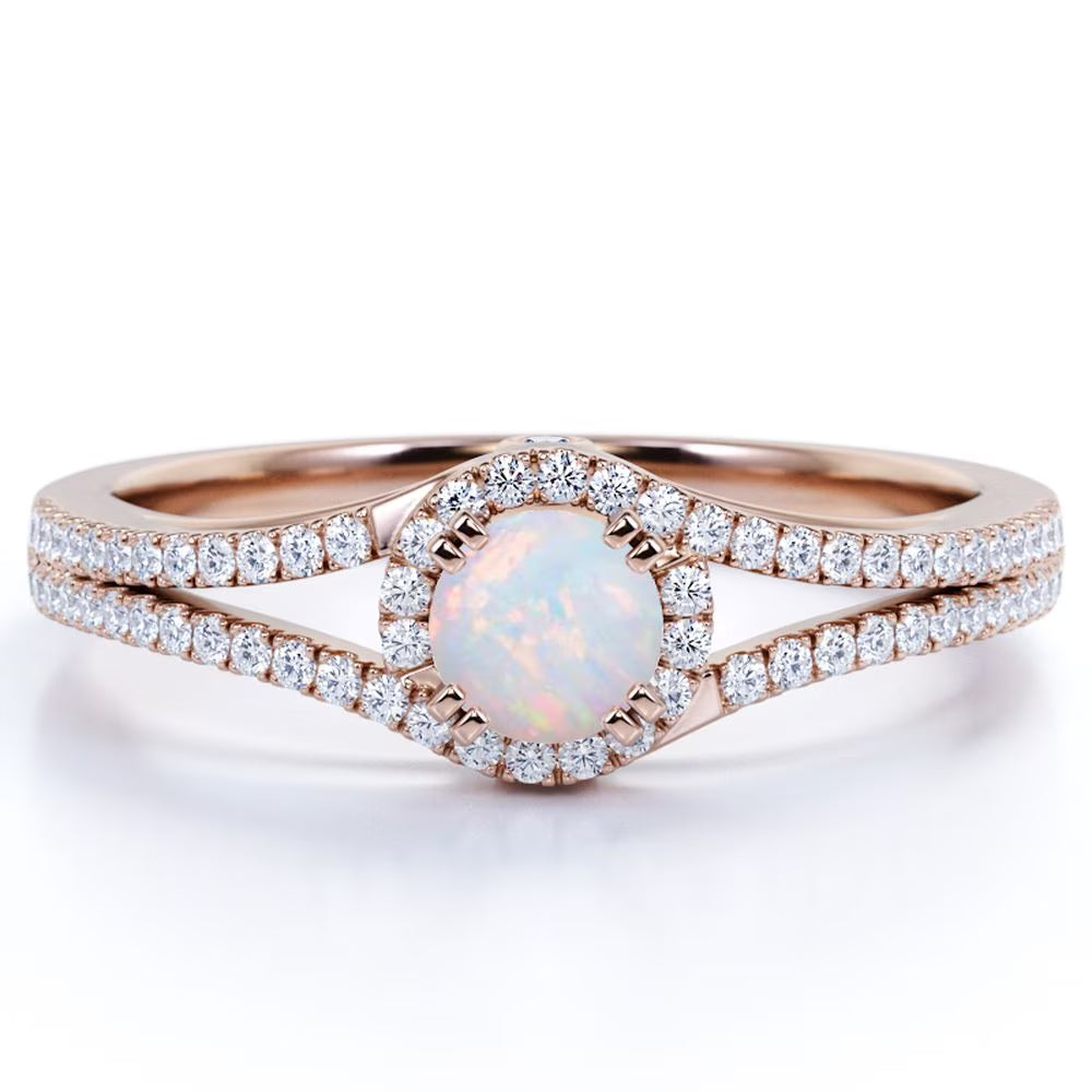 Vintage Blue Fire Opal and Moissanite Birthstone Ring in 18K Rose Gold over Silver A619944
