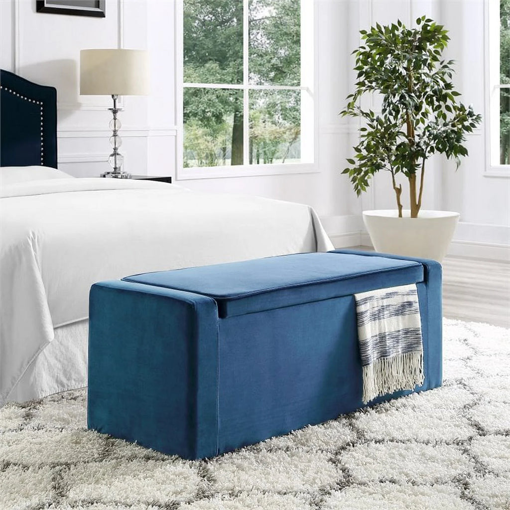Blue Velvet Upholstered Bench with Shoe Storage A292202
