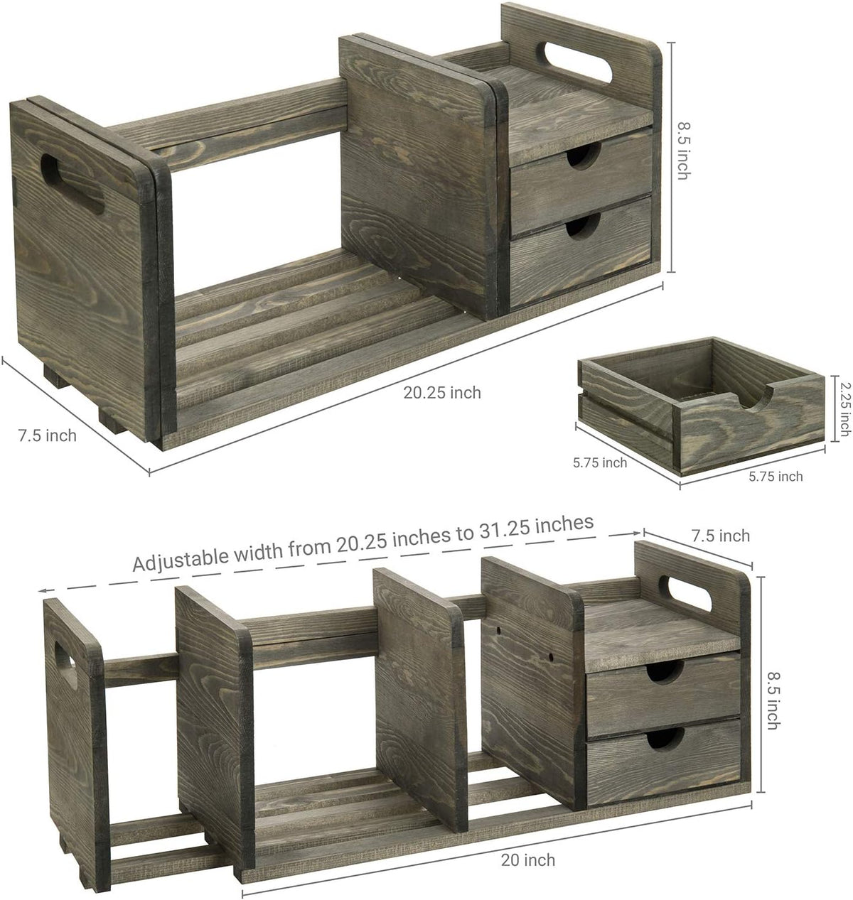 Vintage Gray Solid Wood Desktop Bookshelf Organizer with 2 Pullout Drawers H7127