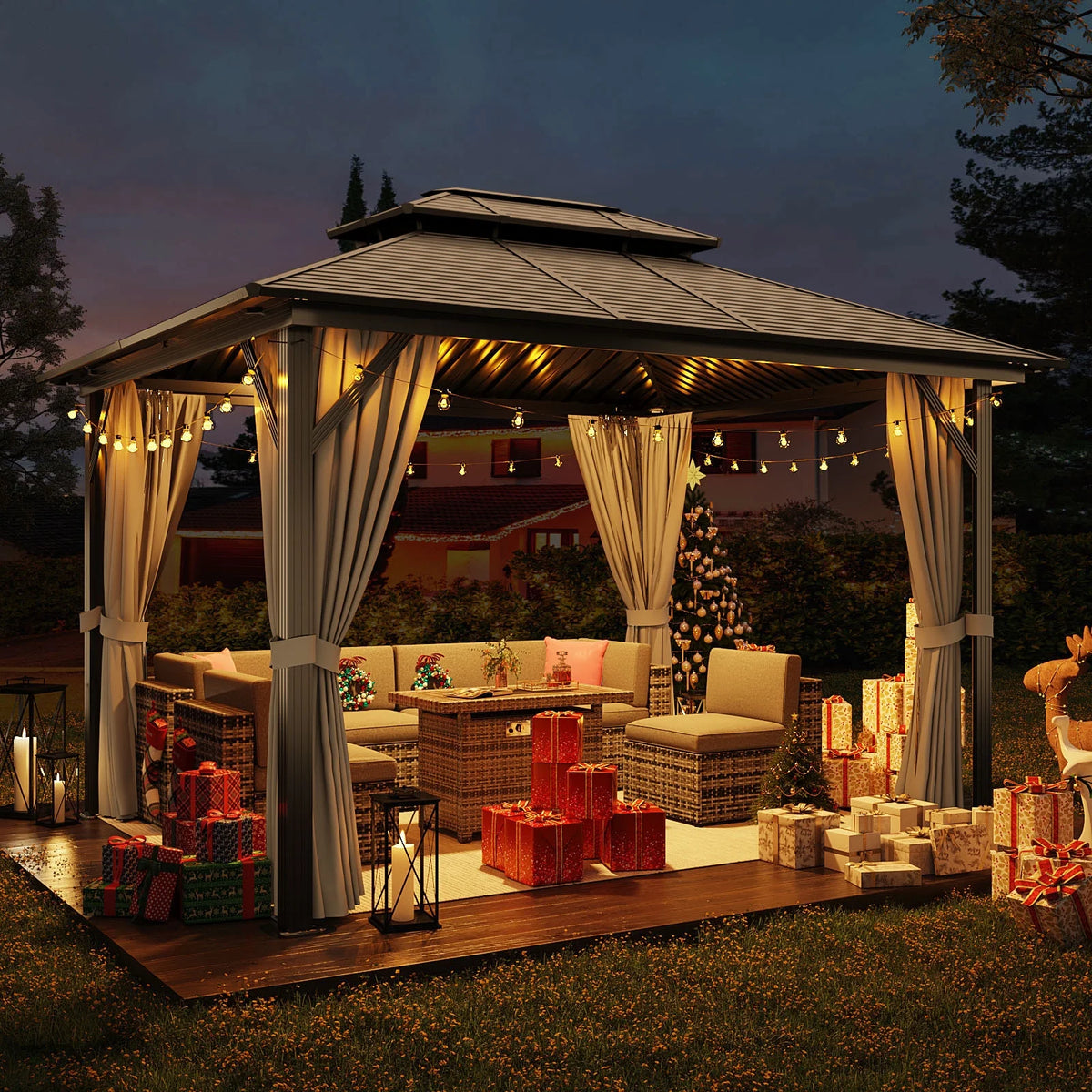 10’ x 12’ Hardtop Aluminum Frame Patio Gazebo with Netting and Curtains G2963