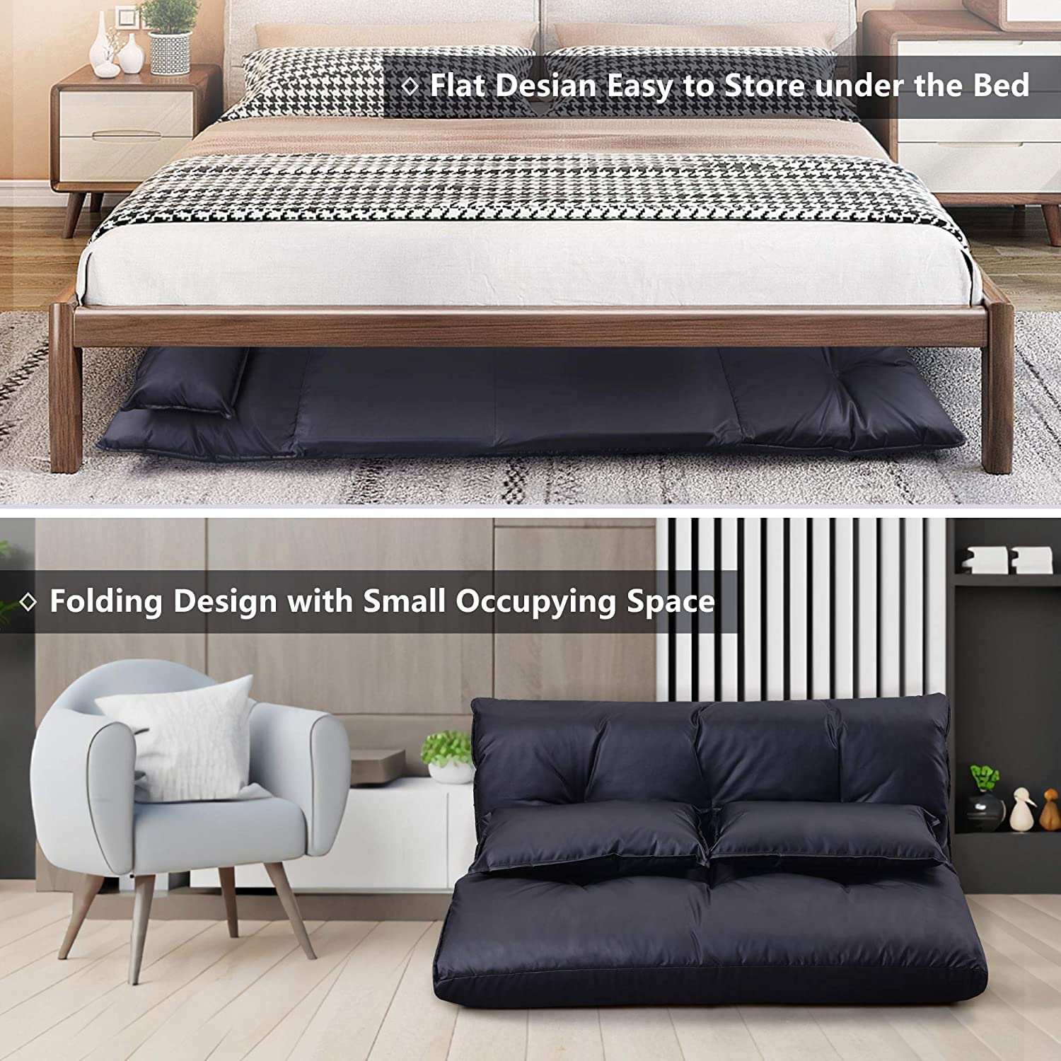 Adjustable Floor Sofa Bed with 2 Pillows, 5 Reclining Position, Black P554943