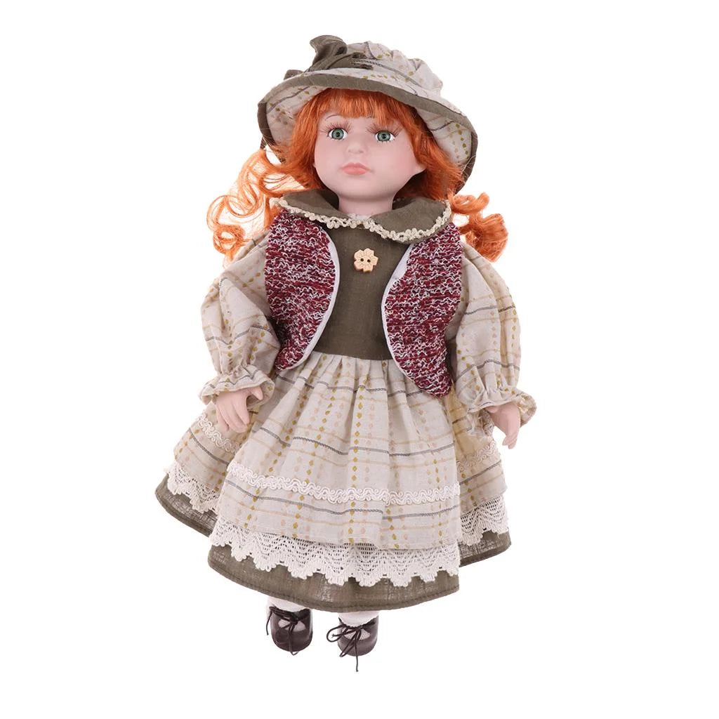 16inch Porcelain Doll Sitting People Figures in Clothes Hat Y27875