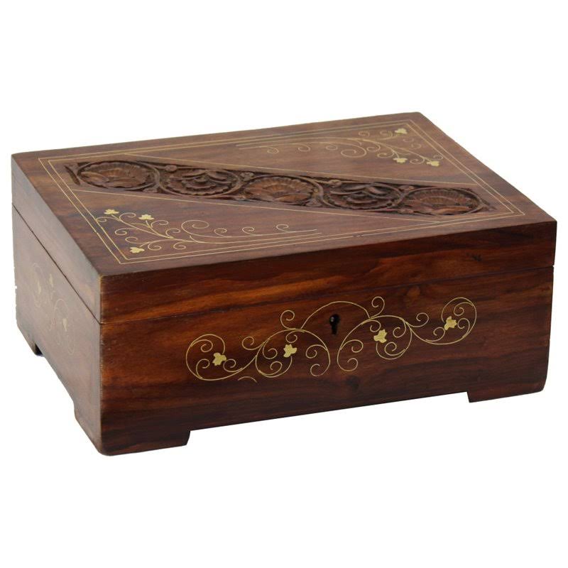 Rosewood Carved Wooden Decorative Box with Key I1246
