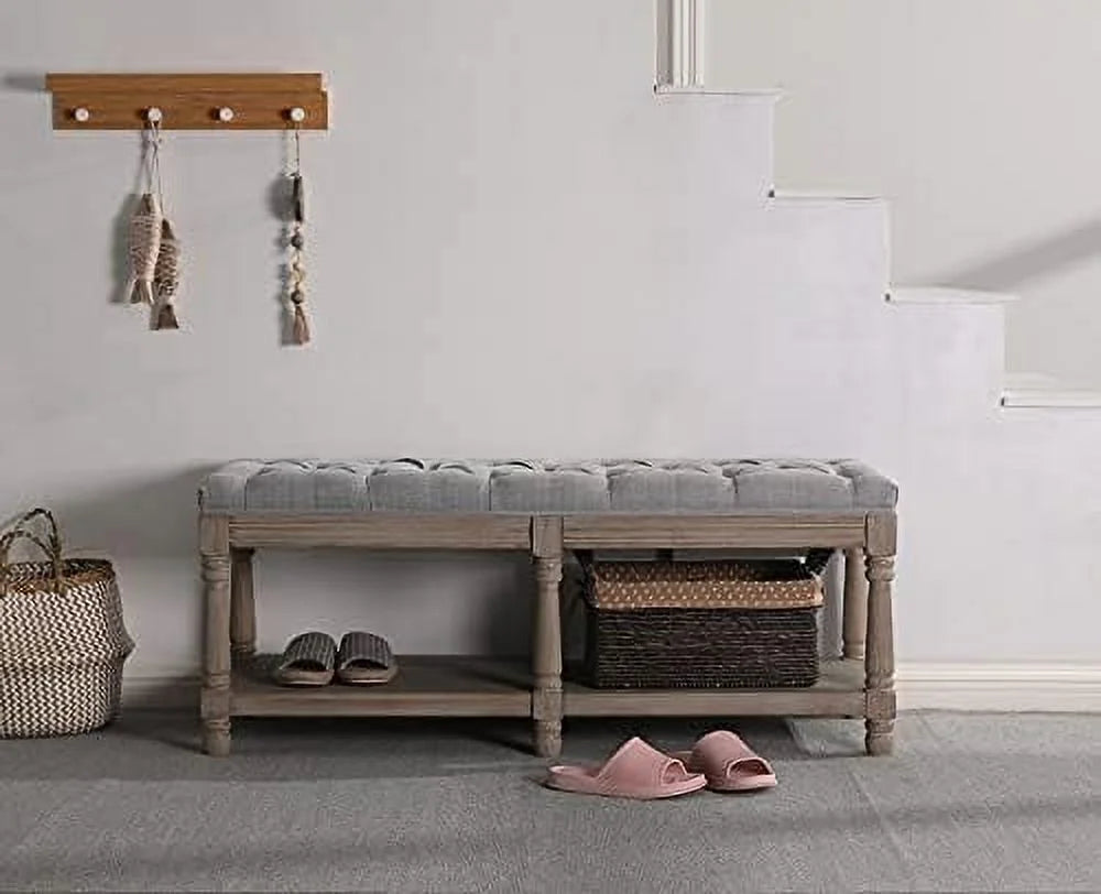 Gray Tufted Wood Entryway Bench T38350