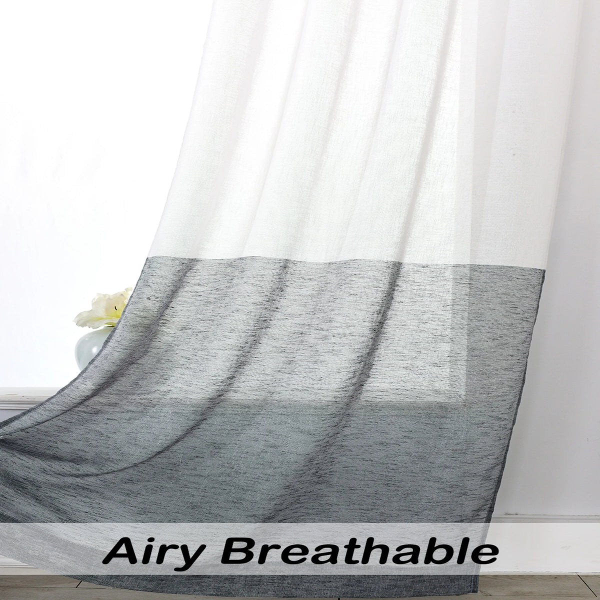 Gray White Sheer Linen Curtain Panels with Rod Pocket, 50"x84"x2 J897