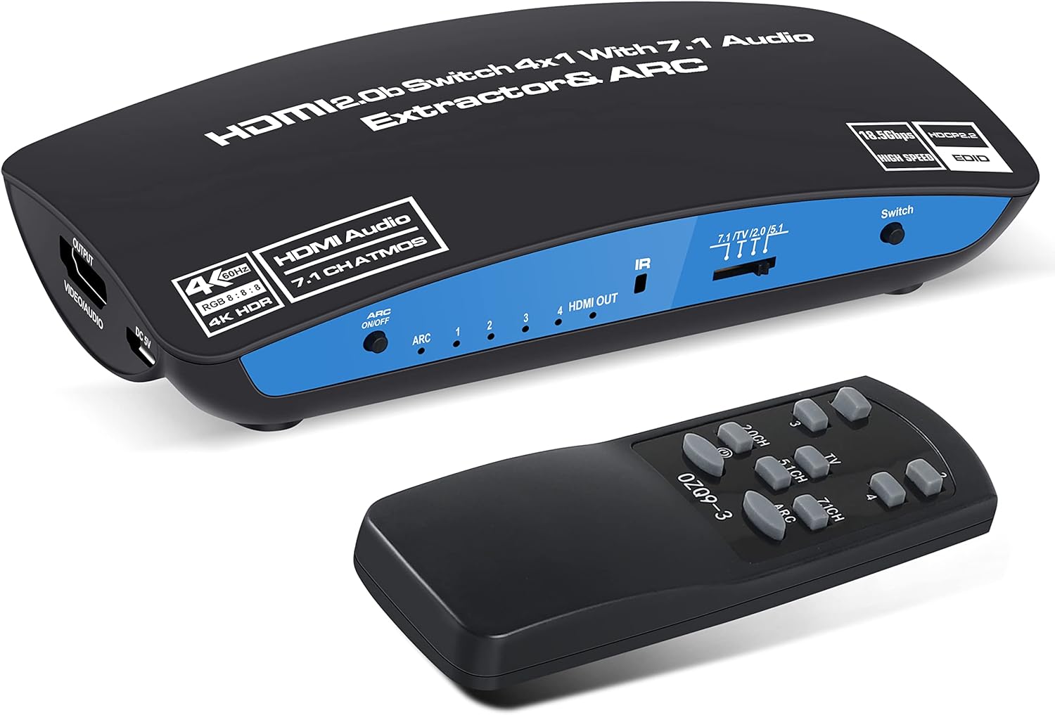 4K@60Hz HDMI Switch 4x1 with 7.1 Audio Extractor, 4 Port HDMI2.0b Switch Box with Remote, Pack of 2 F543