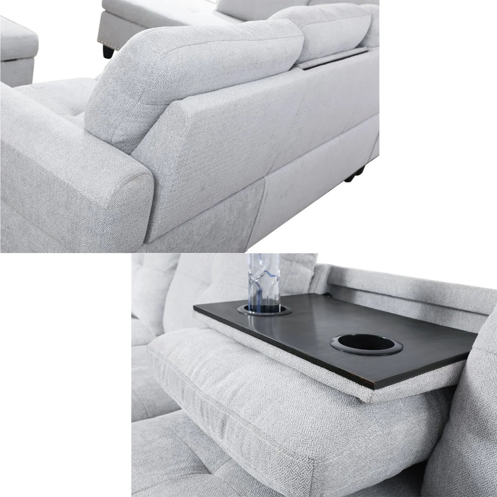 Linen Fabric Sectional Sofa with Storage Ottoman & Toss Pillows L302621
