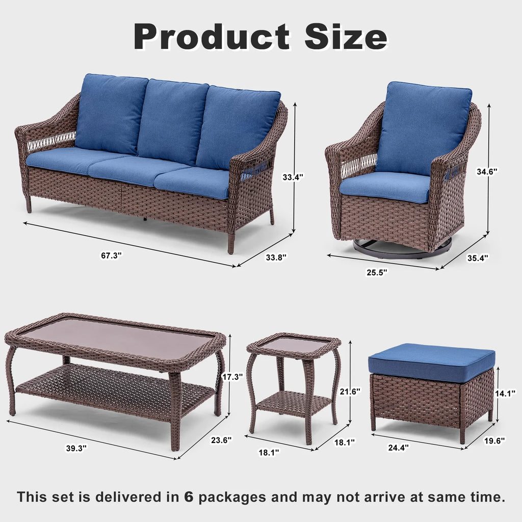Navy Rattan Patio Sofa Set, 7 Pieces Outdoor Wicker Furniture with Cushions J871911