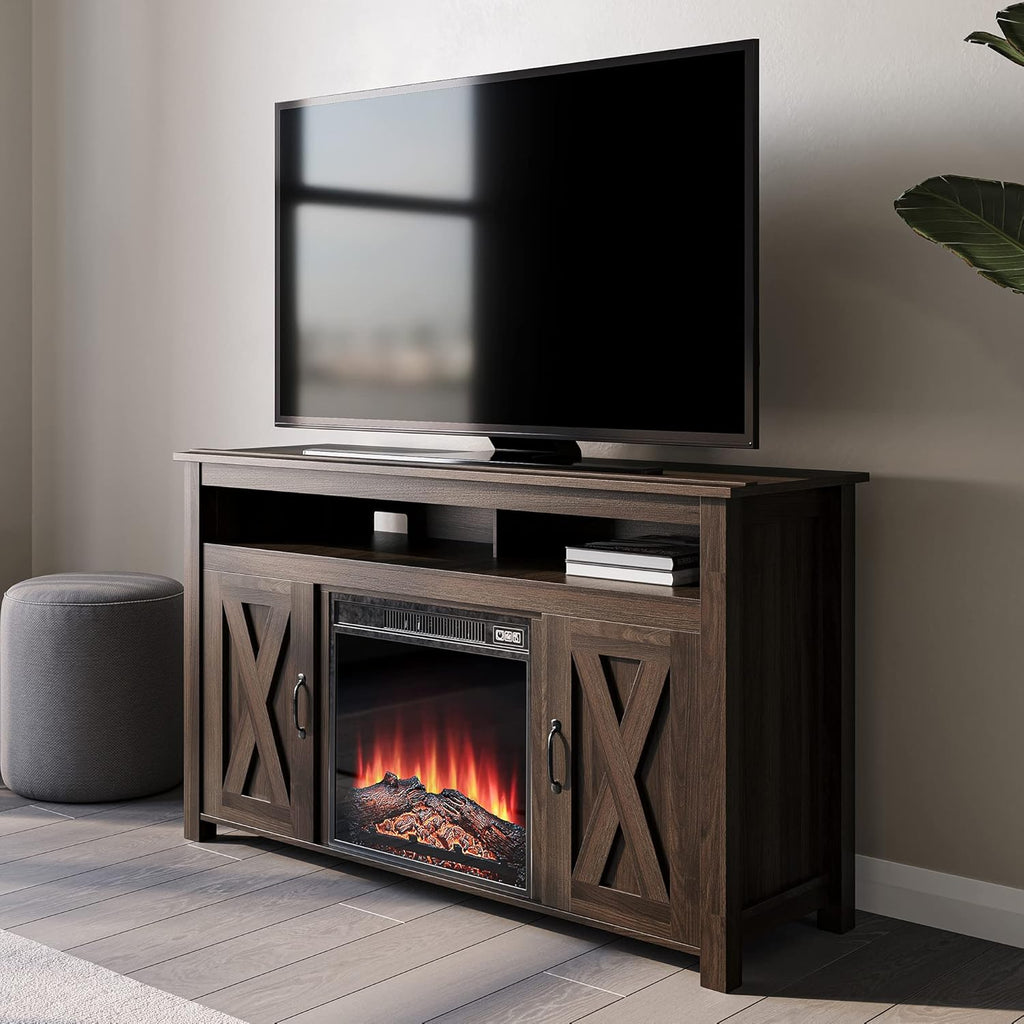 Gray Wash Barn Door Wood Electric Fireplace TV Stand W2788