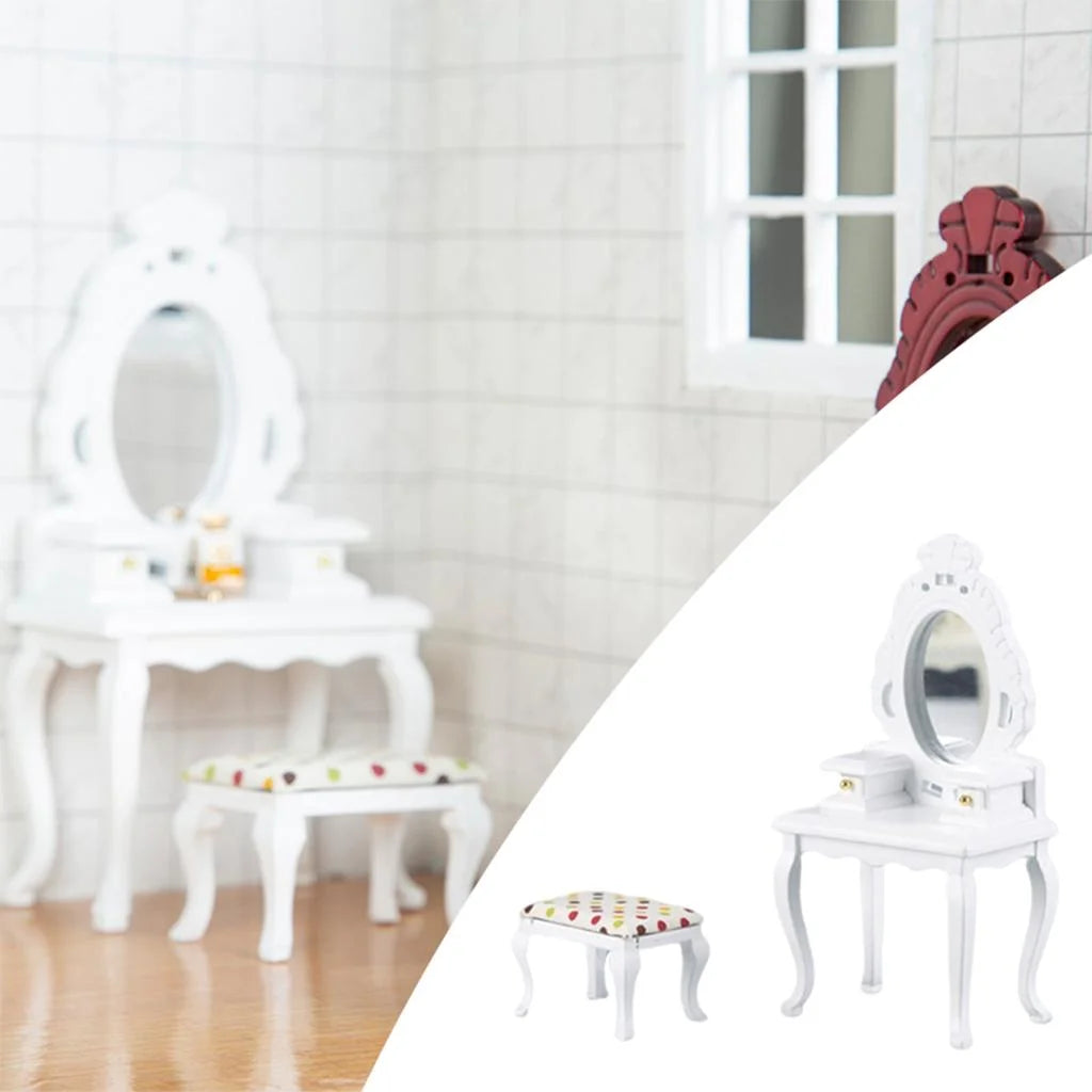 White Dollhouse Table with Stool X627390