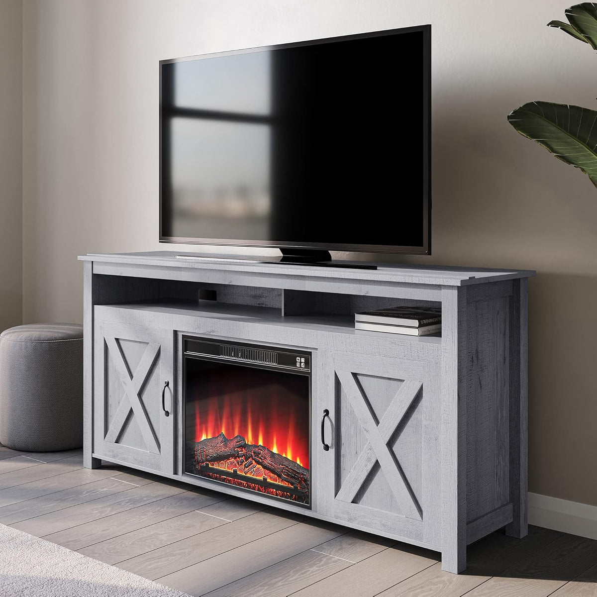 Gray Wash Barn Door Wood Electric Fireplace TV Stand W2788