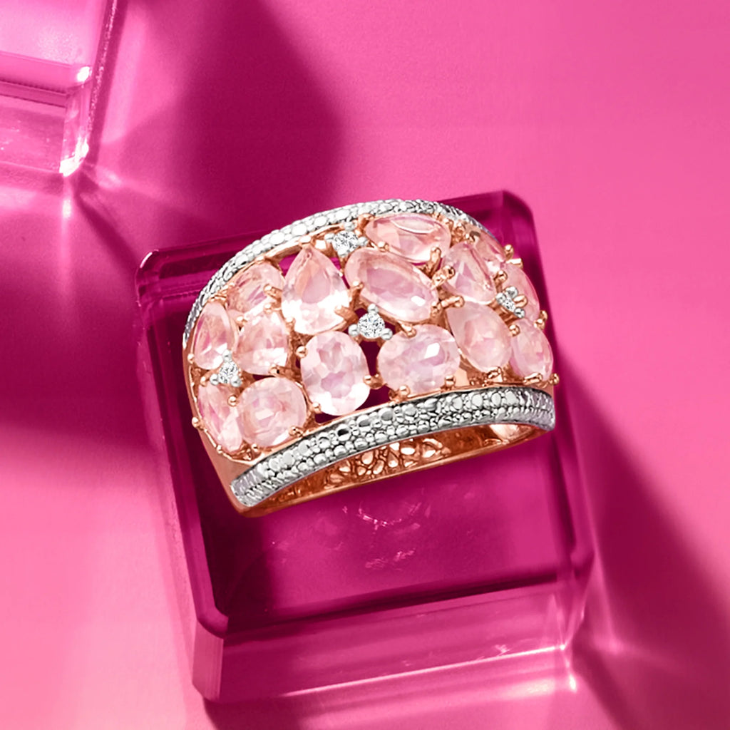 Rose Quartz Dome Ring With Diamonds in Rose Sterling Silver I920120