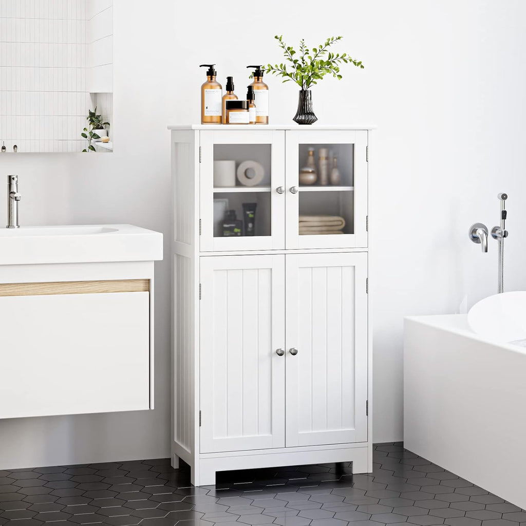 White Wooden Bathroom Cabinet with Doors and Adjustable Shelves B55016