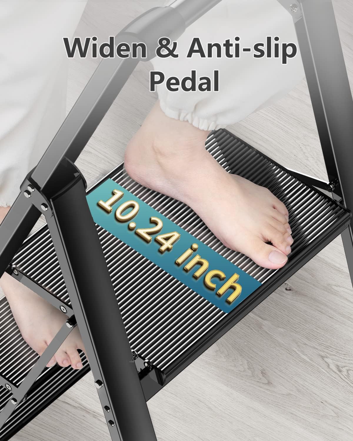 3 Step Folding Ladder with Handrail, Lightweight Aluminum Alloy Black, Anti-Slip Wide Pedal I35501