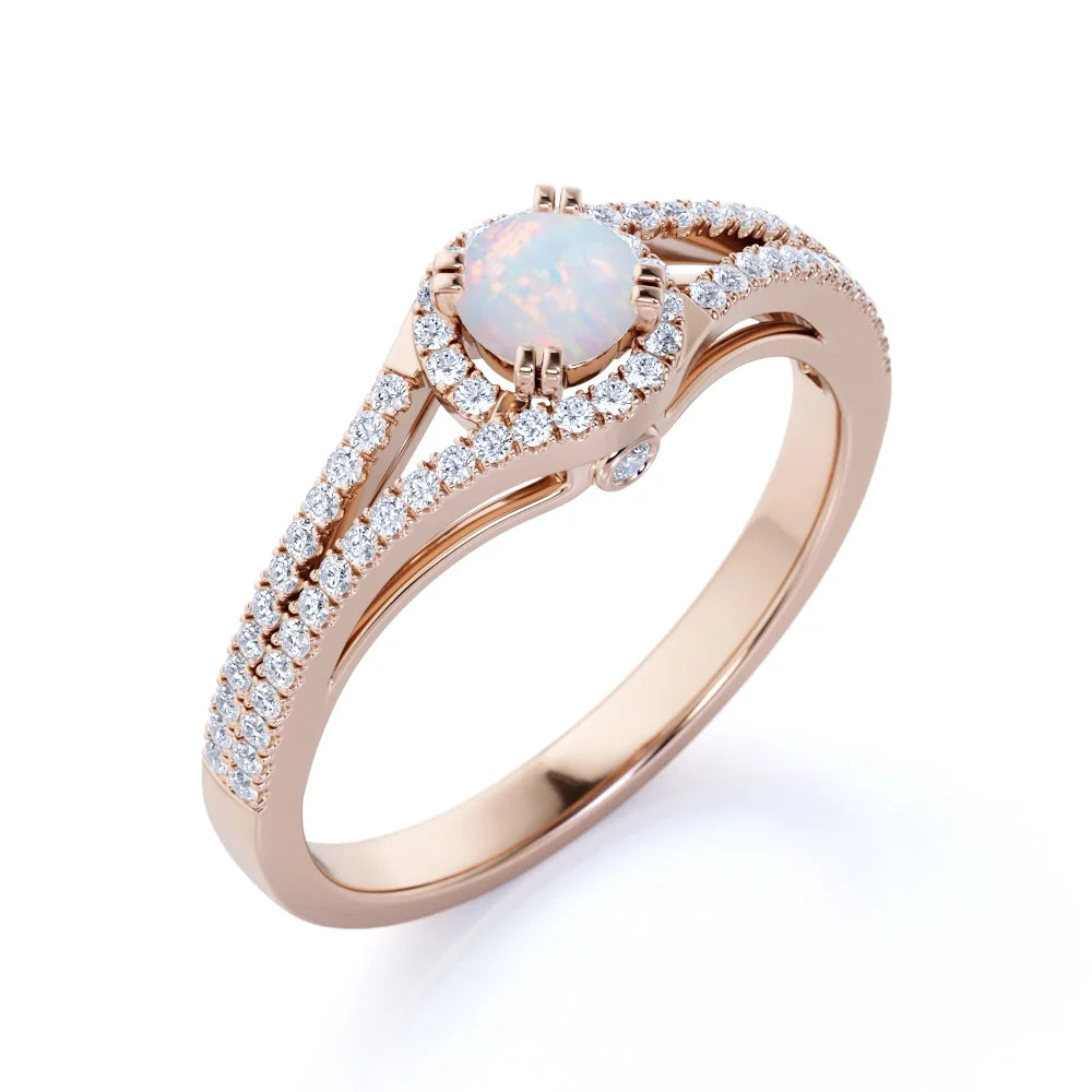 Vintage Blue Fire Opal and Moissanite Birthstone Ring in 18K Rose Gold over Silver A619944