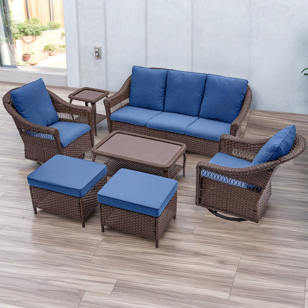 Navy Rattan Patio Sofa Set, 7 Pieces Outdoor Wicker Furniture with Cushions J871911