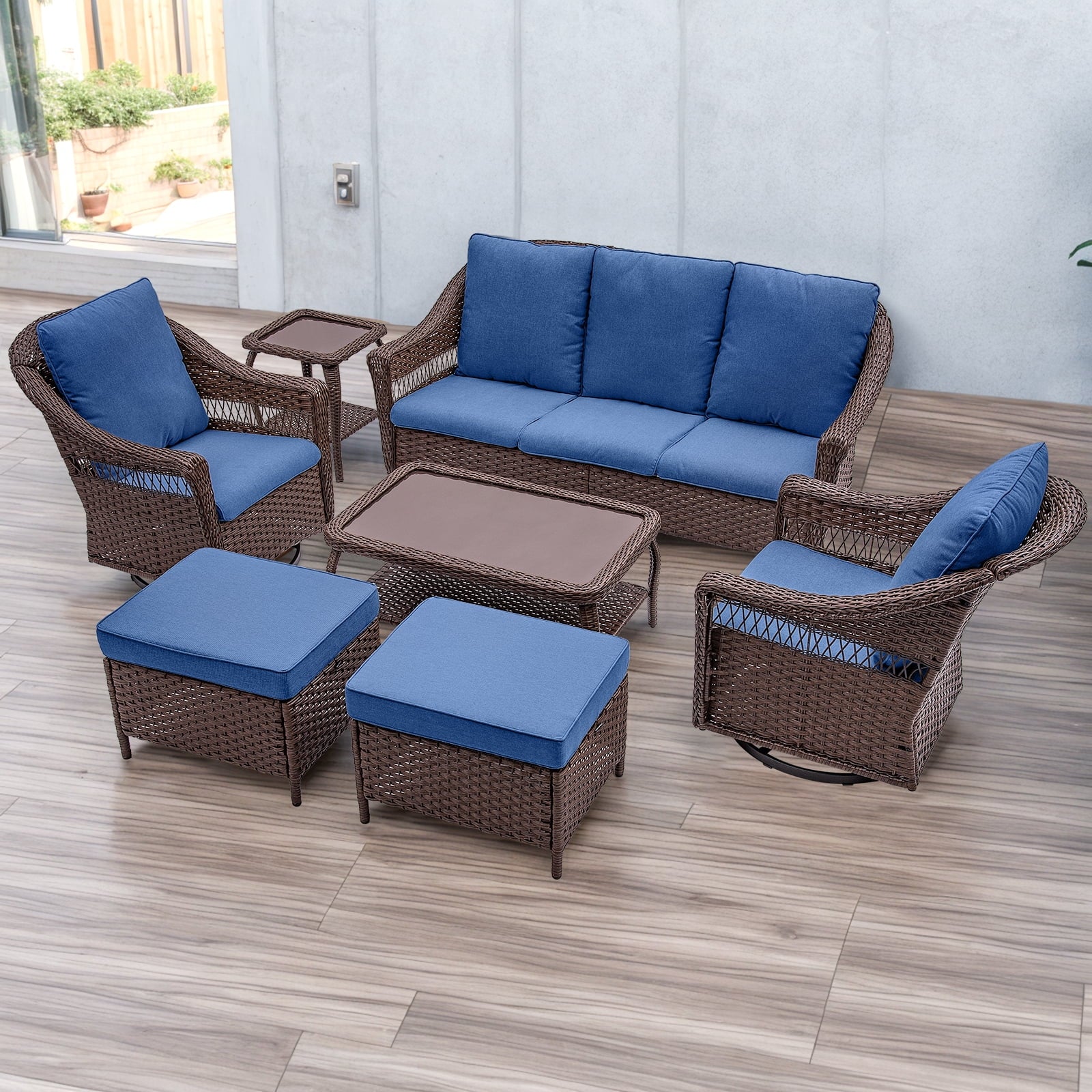 Navy Rattan Patio Sofa Set, 7 Pieces Outdoor Wicker Furniture with Cushions J871911