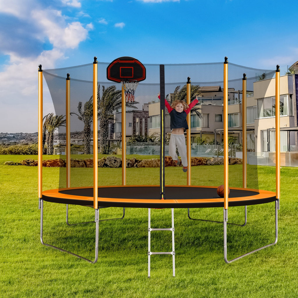 10FT Trampoline with Basketball Hoop, Inflator, and Ladder - Orange V188376