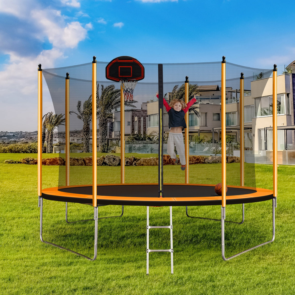 10FT Trampoline with Basketball Hoop, Inflator, and Ladder - Orange V188376
