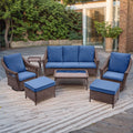 Navy Rattan Patio Sofa Set, 7 Pieces Outdoor Wicker Furniture with Cushions J871911