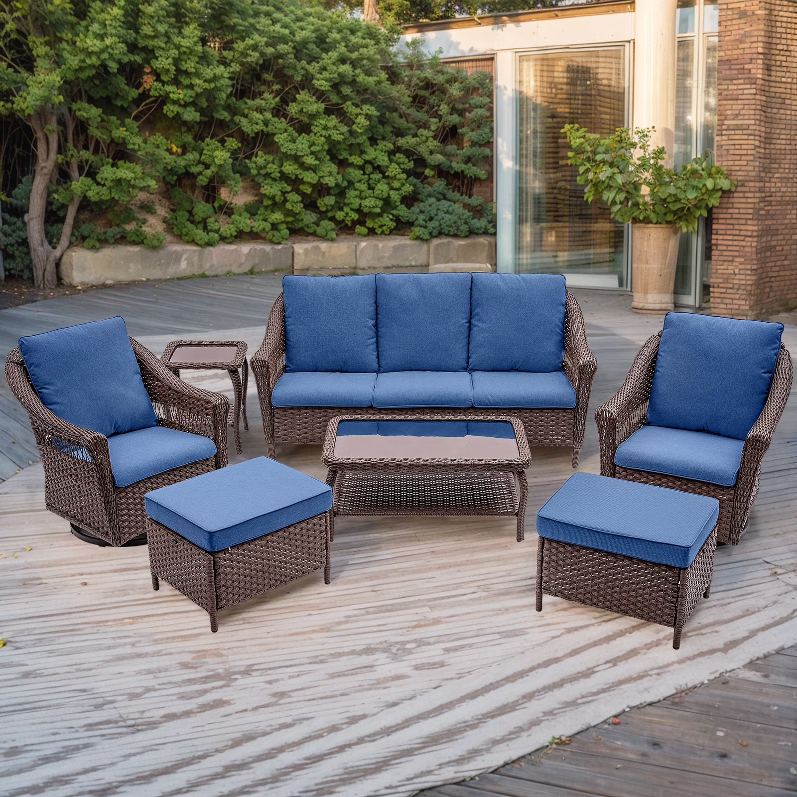 Navy Rattan Patio Sofa Set, 7 Pieces Outdoor Wicker Furniture with Cushions J871911