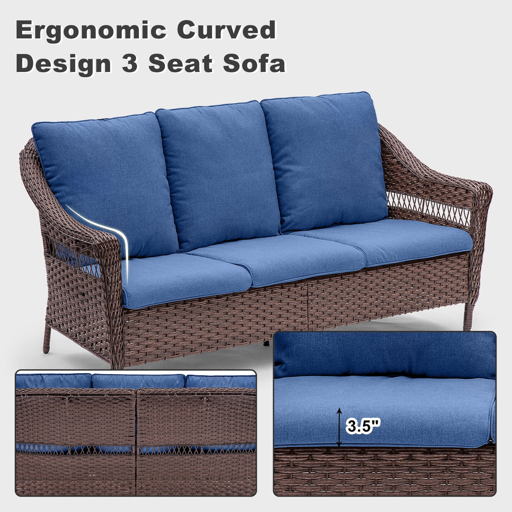 Navy Rattan Patio Sofa Set, 7 Pieces Outdoor Wicker Furniture with Cushions J871911