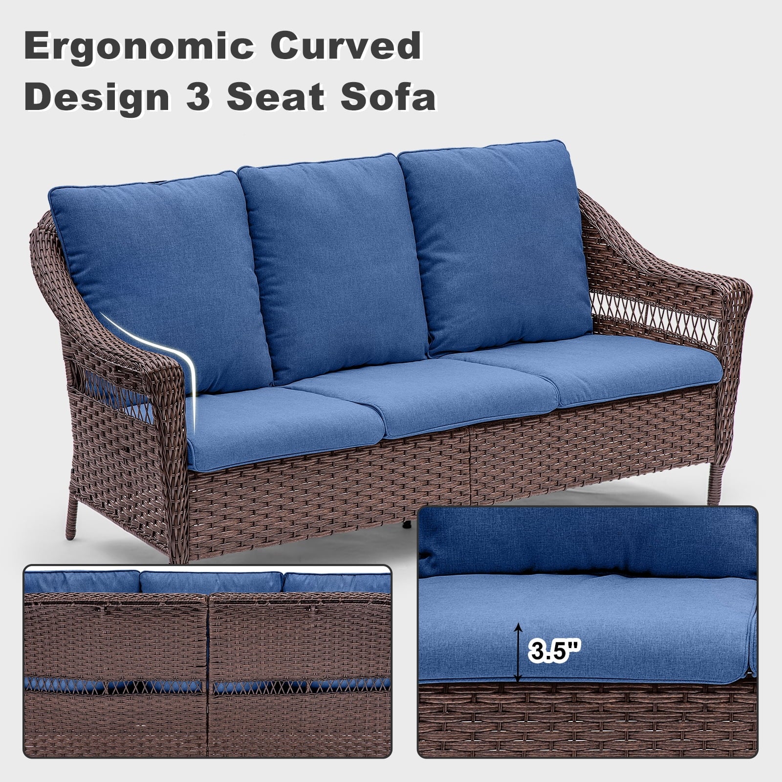 Navy Rattan Patio Sofa Set, 7 Pieces Outdoor Wicker Furniture with Cushions J871911