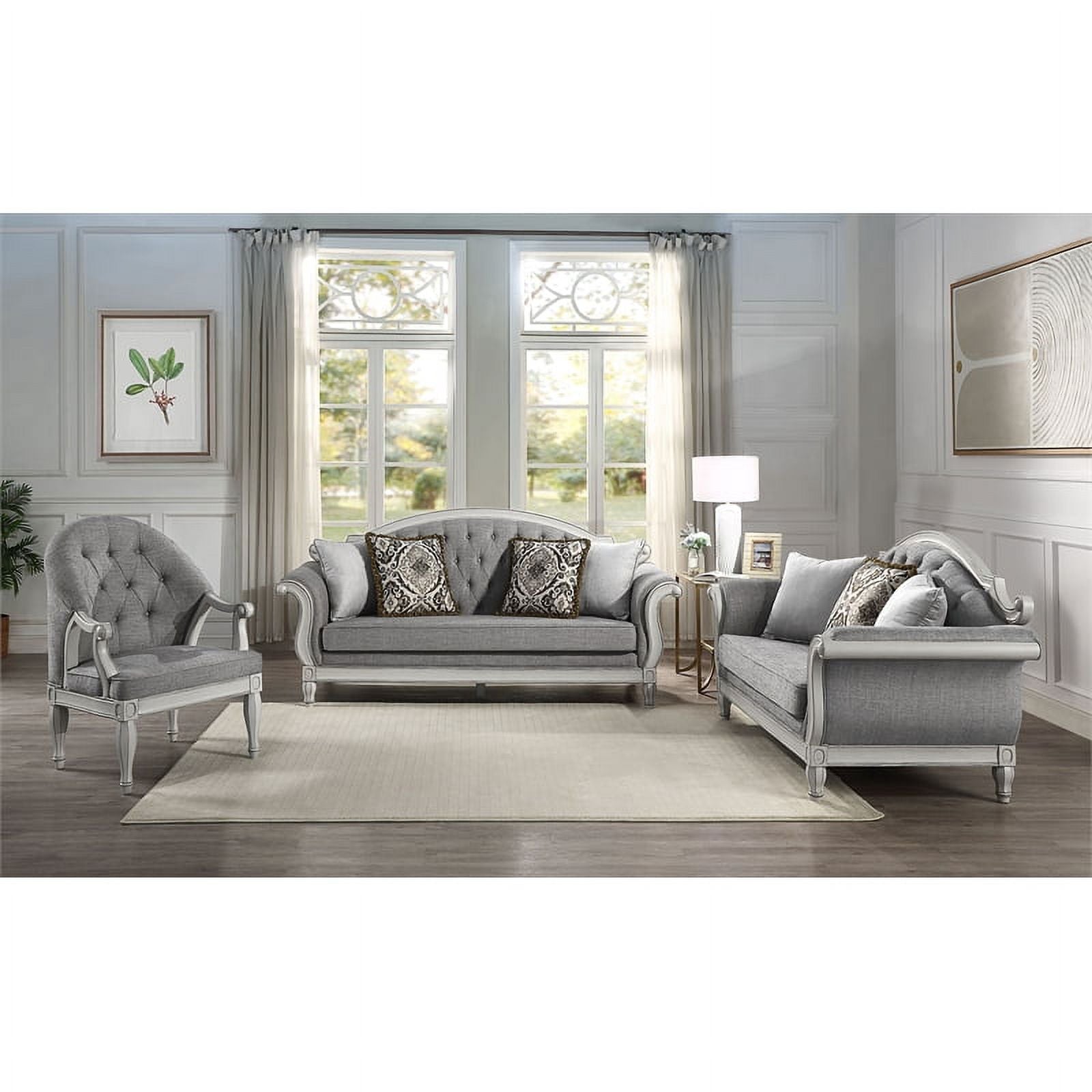 Tufted Fabric Sofa with 4 Pillows in Gray/Antique White X15480