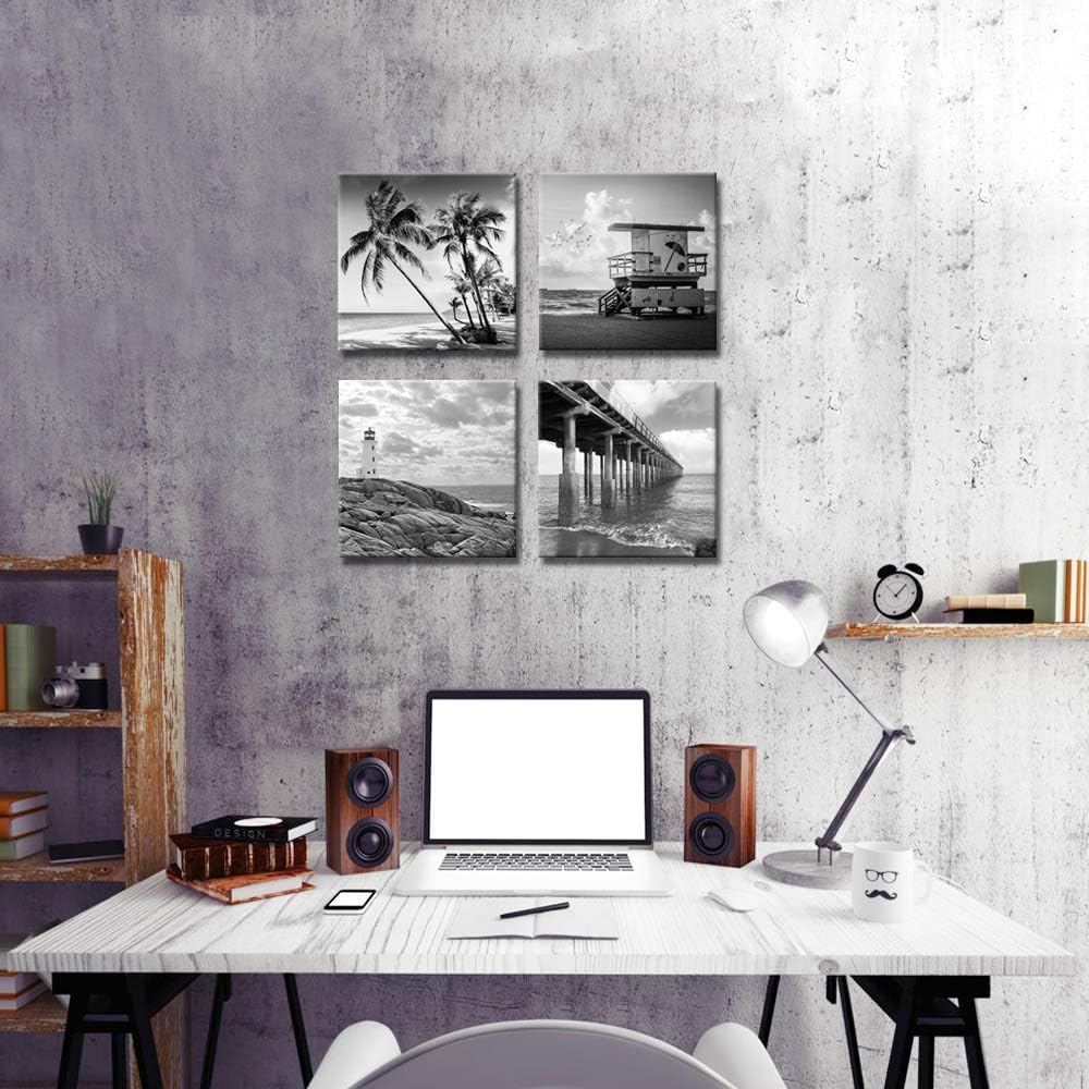 Black and White Beach Wall Art Florida Seascape Painting Lighthouse Lifeguard Tower Pier Picture Print Framed Artwork Ready to Hang O9580