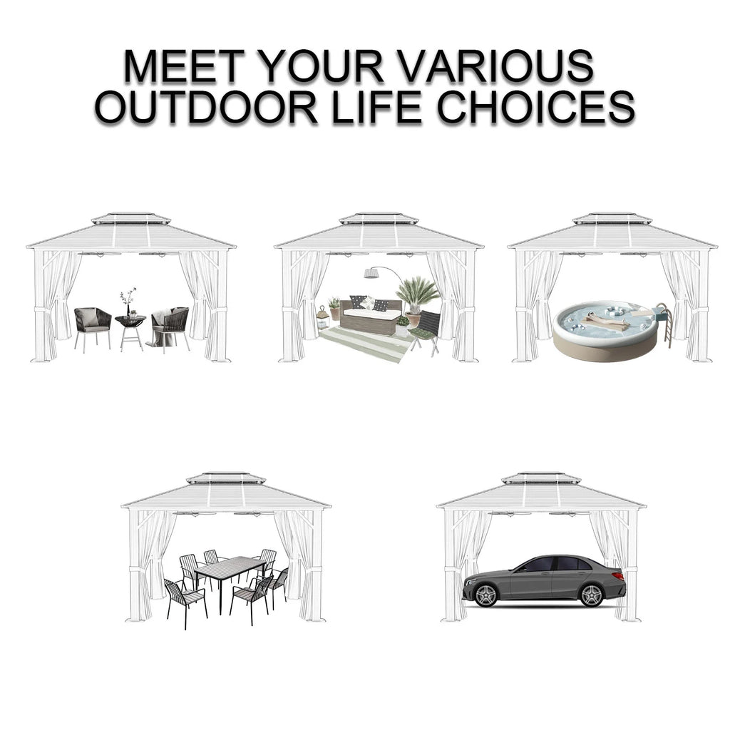 10’ x 12’ Hardtop Aluminum Frame Patio Gazebo with Netting and Curtains G2963